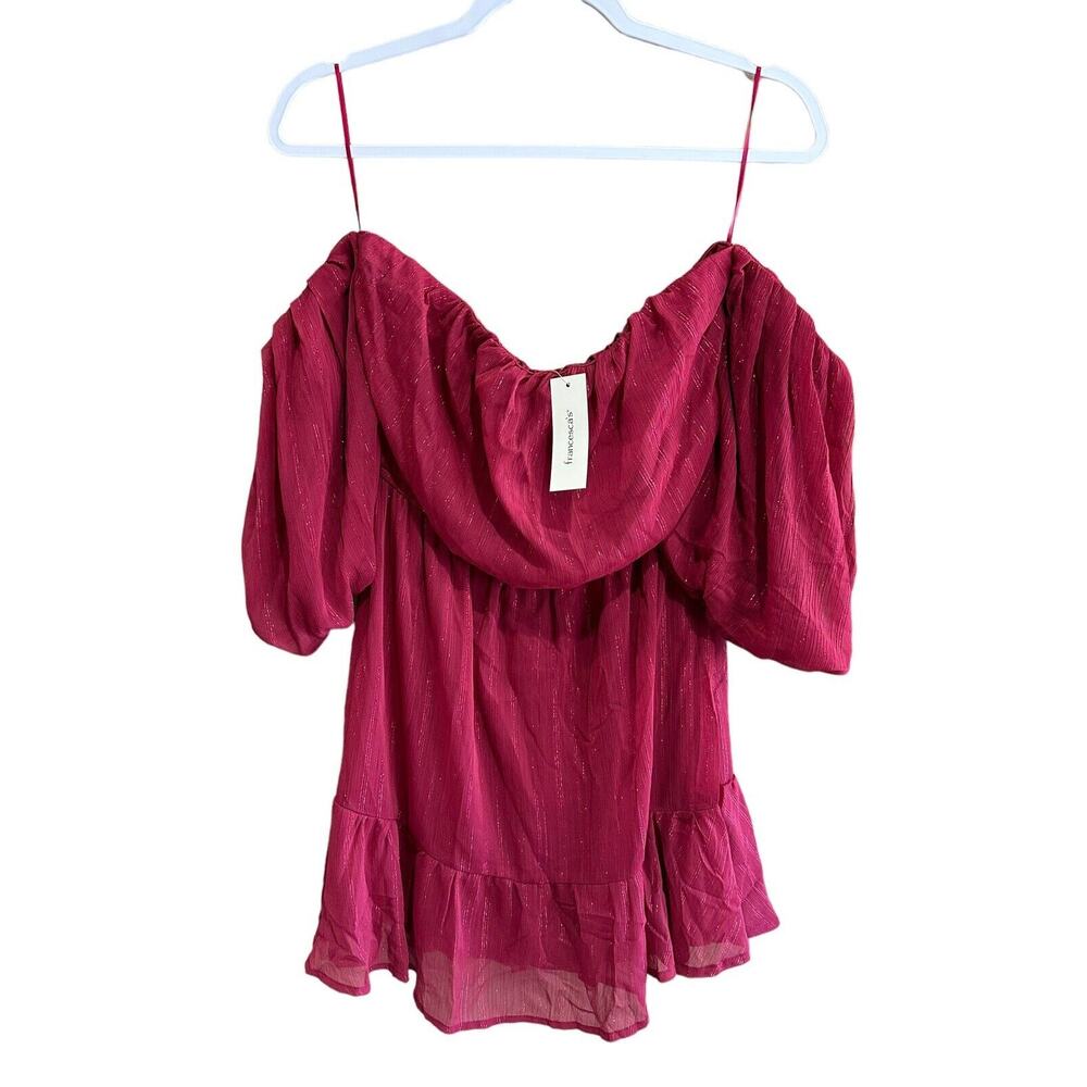 NWT Francesca’s Off The Shoulder Red Wine Shimmer Mini Ruffle Dress Size Medium - Picture 5 of 16